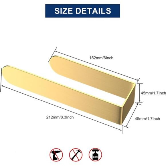 Adhesive Hand Towel Holder, Towel Bars Wall Mounted, Stainless Steel  (8", Gold) - Picture 4 of 7